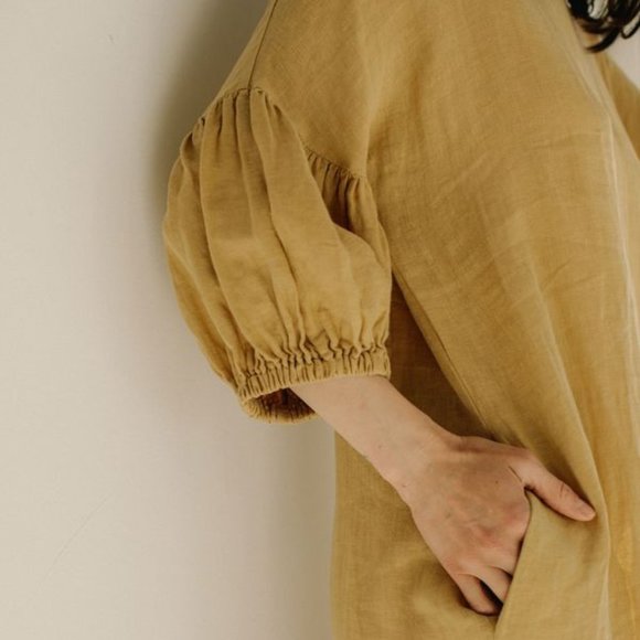 Black Crane Pure Linen Puff Dress - Picture 3 of 7